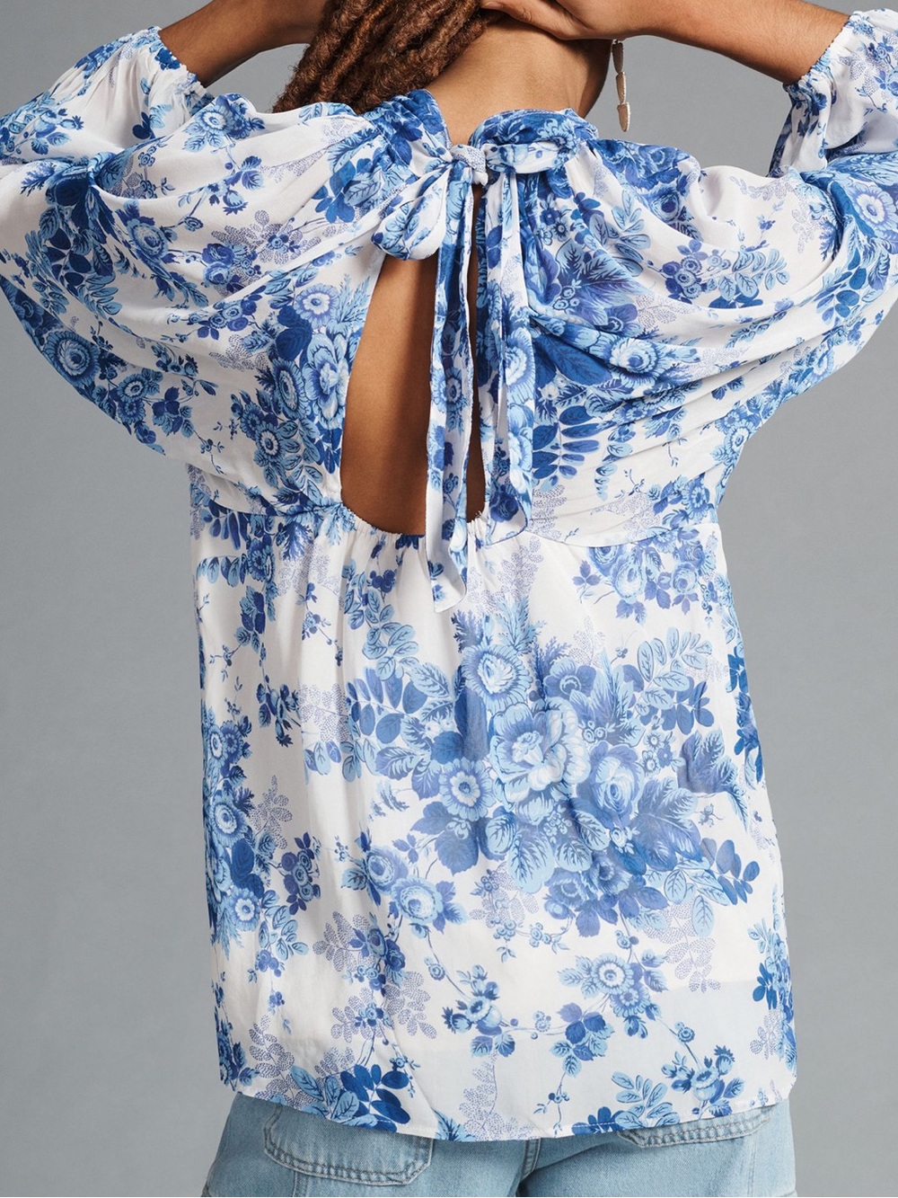 Maeve Anthropologie Blue Floral Sheer Tunic Blouse Open Back Tie Small - Picture 15 of 16
